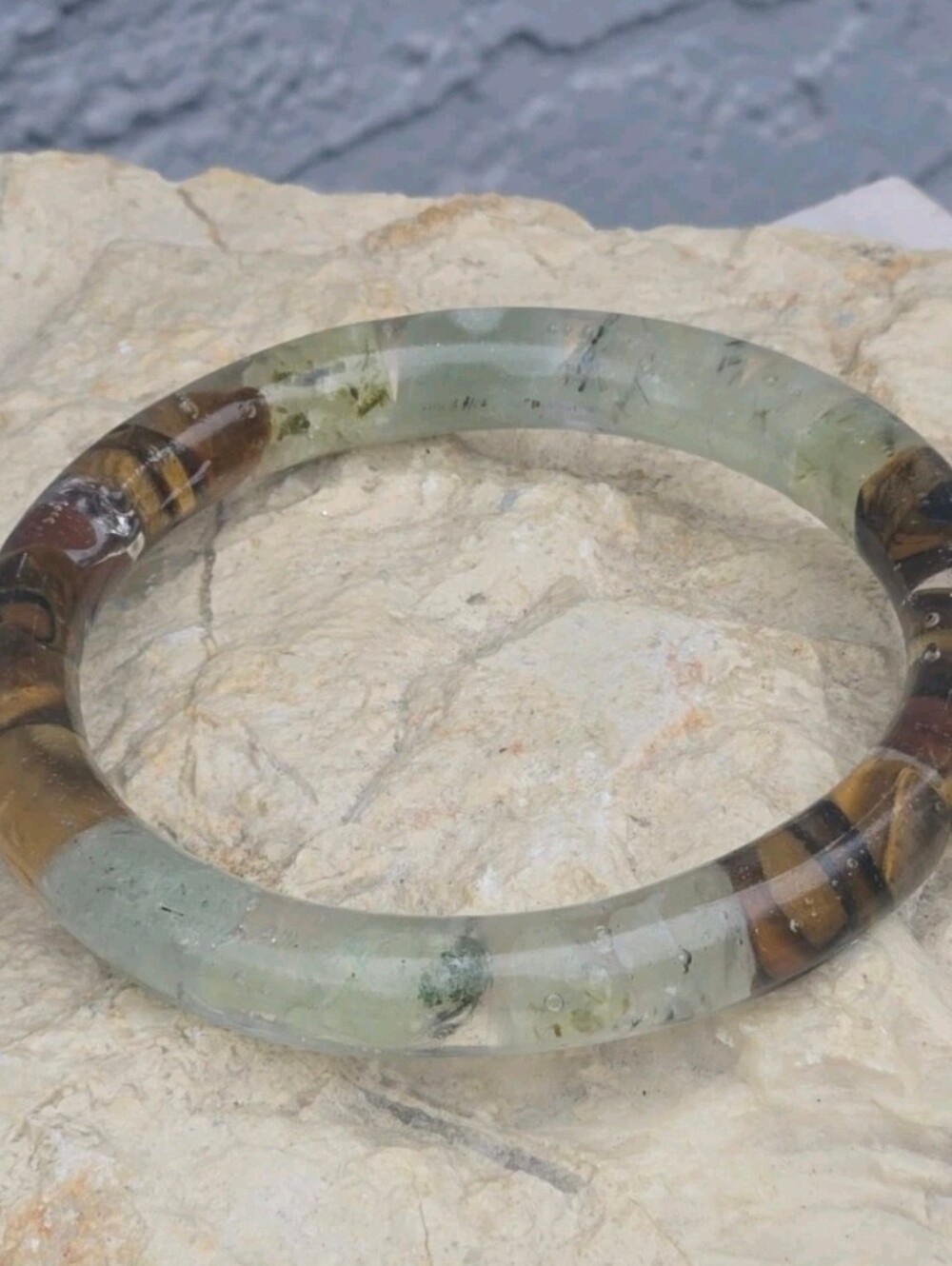 Prehnite & Tigers Eye Bangle Bracelet Handmade